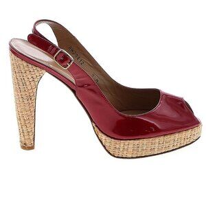 Stuart Weitzman Platform Peep Toe Slingback Candy Apple Red Patent Leather Heels